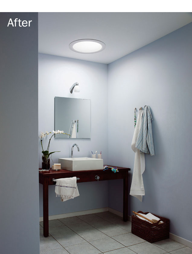 Click here to view this image of Bathroom after Velux Sun Tunnel installed in full screen with accompanying information. Short version: The Flat Roof Sun Tunnel brings natural daylight to areas where a Flat Roof Window cannot be used. Photograph of Bathroom after Velux Sun Tunnel installed