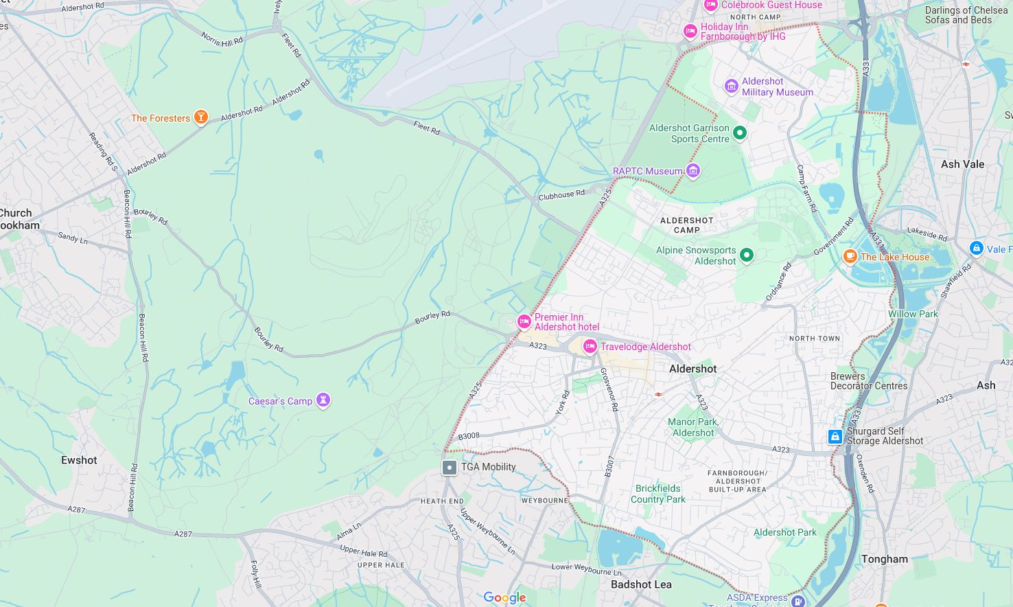 Map of and directions to Aldershot. One of the areas served by Loft Ideas, VELUX Authorised Installer