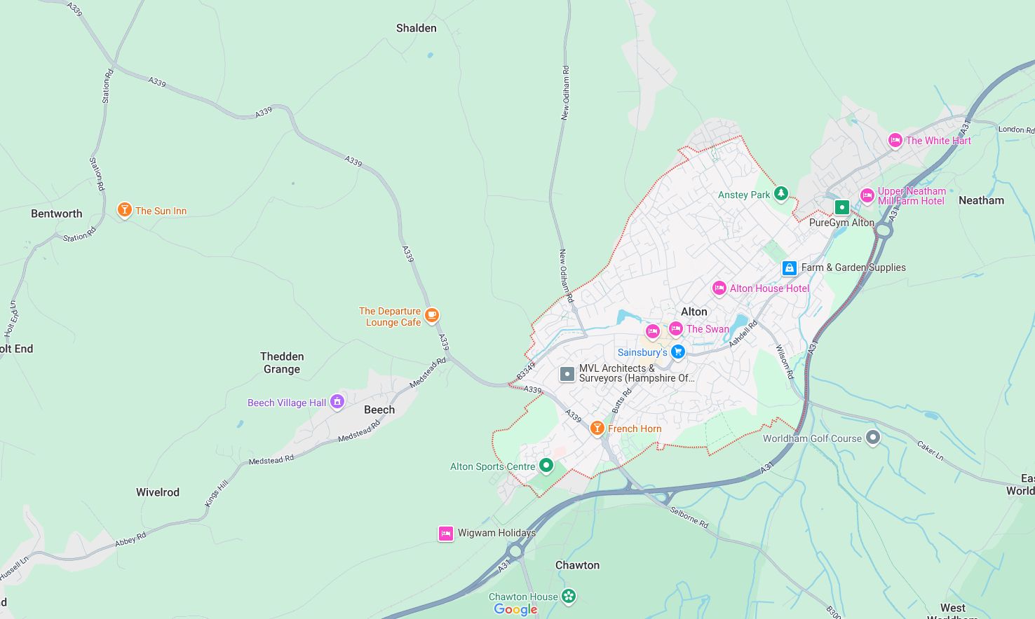 Map of and directions to Alton. One of the areas served by Loft Ideas, VELUX Authorised Installer
