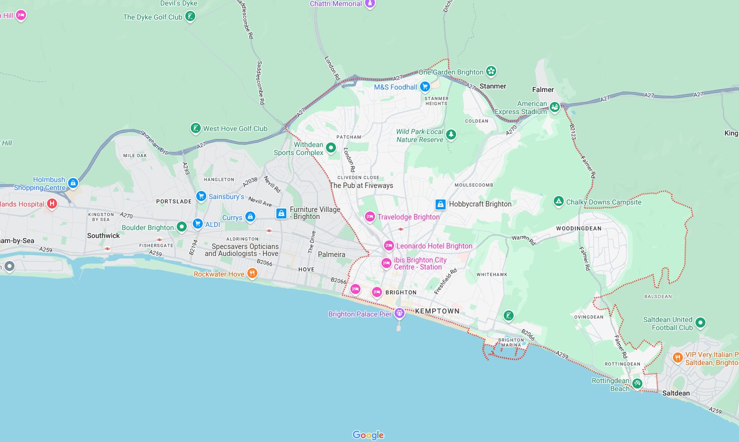 Map of and directions to Brighton. One of the areas served by Loft Ideas, VELUX Authorised Installer