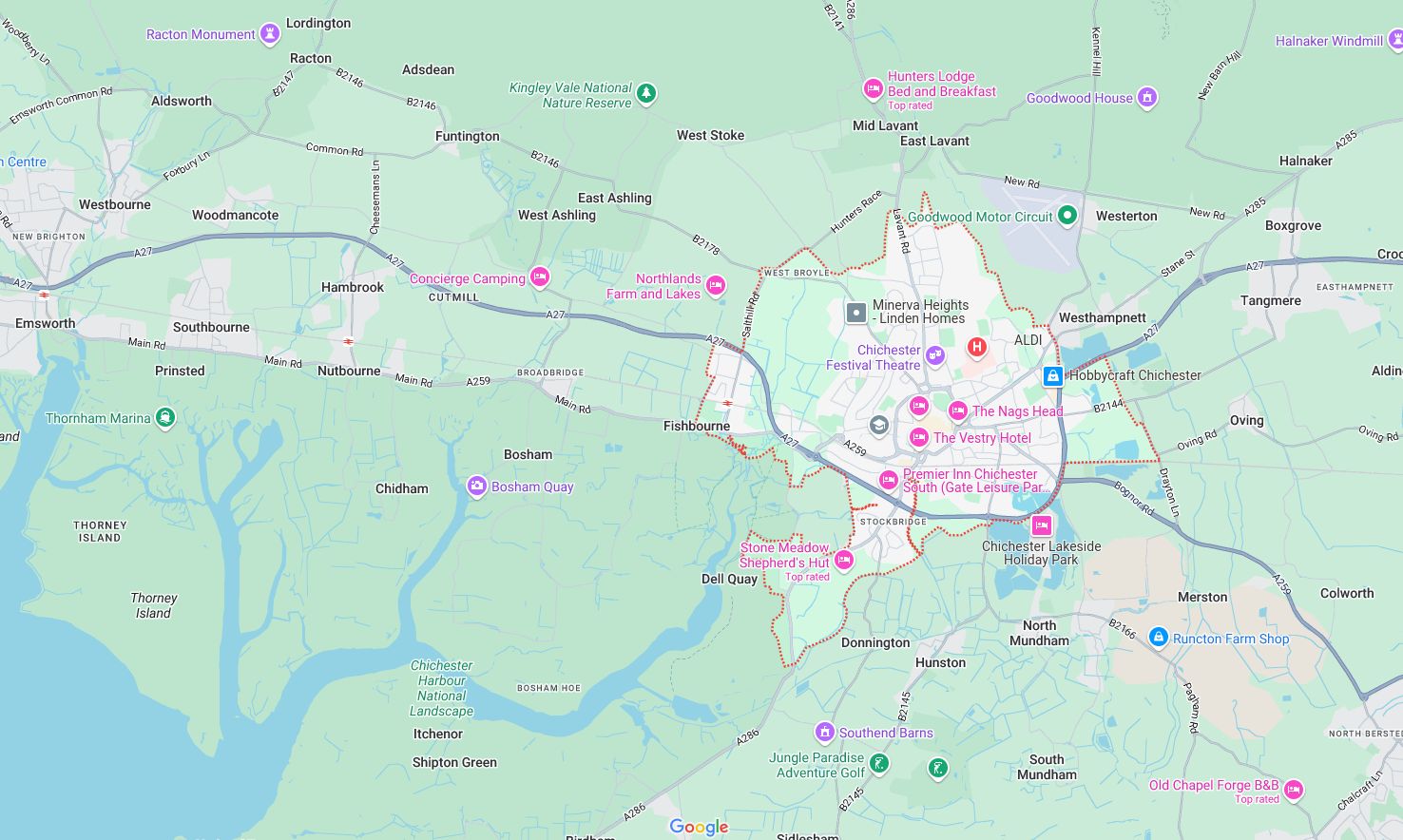 Map of and directions to Chichester. One of the areas served by Loft Ideas, VELUX Authorised Installer