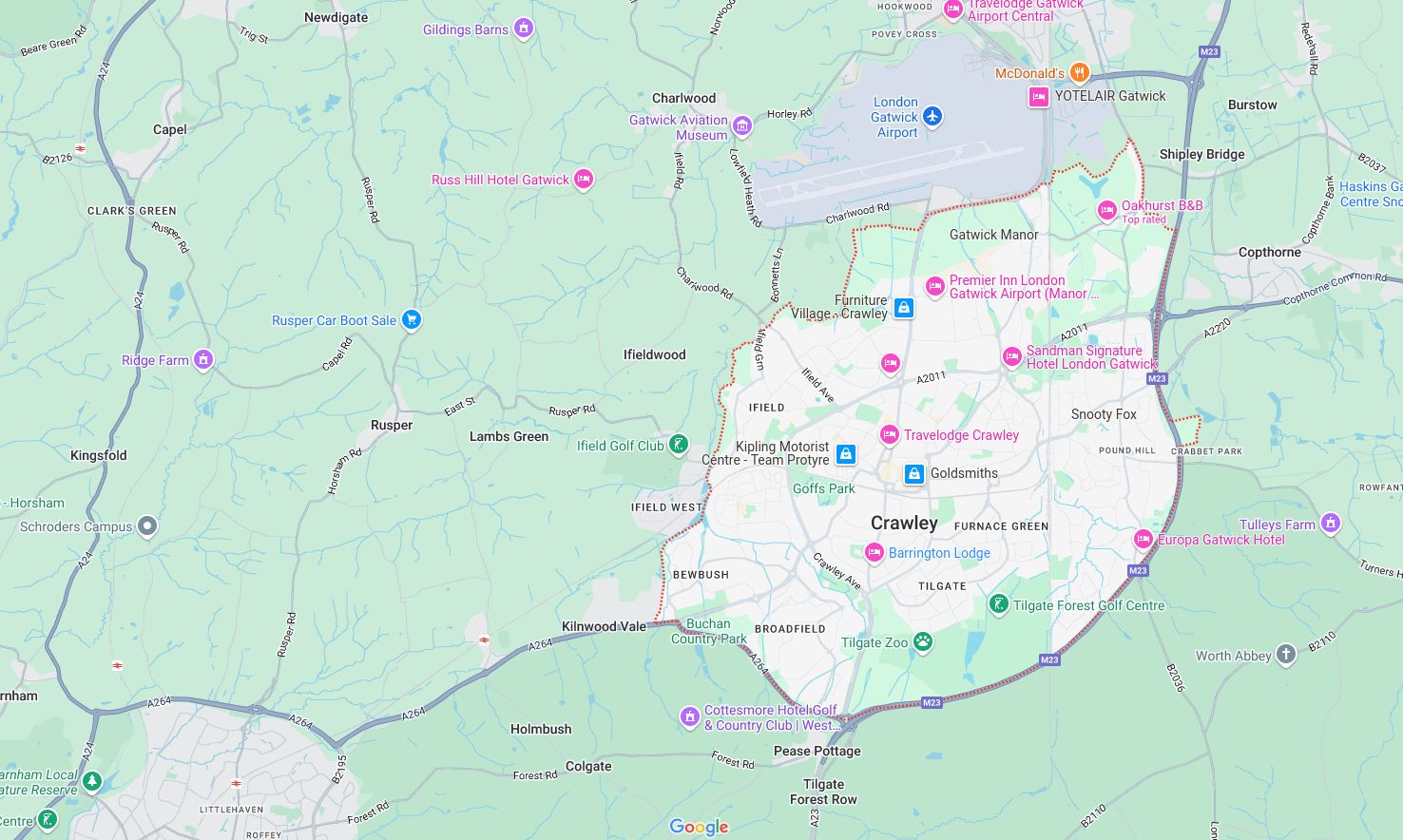 Map of and directions to Crawley. One of the areas served by Loft Ideas, VELUX Authorised Installer