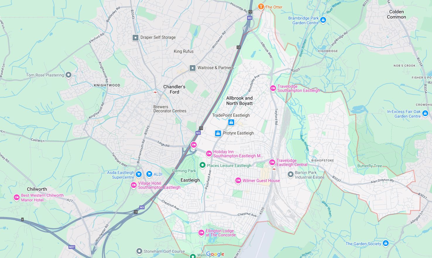 Map of and directions to Eastleigh. One of the areas served by Loft Ideas, VELUX Authorised Installer