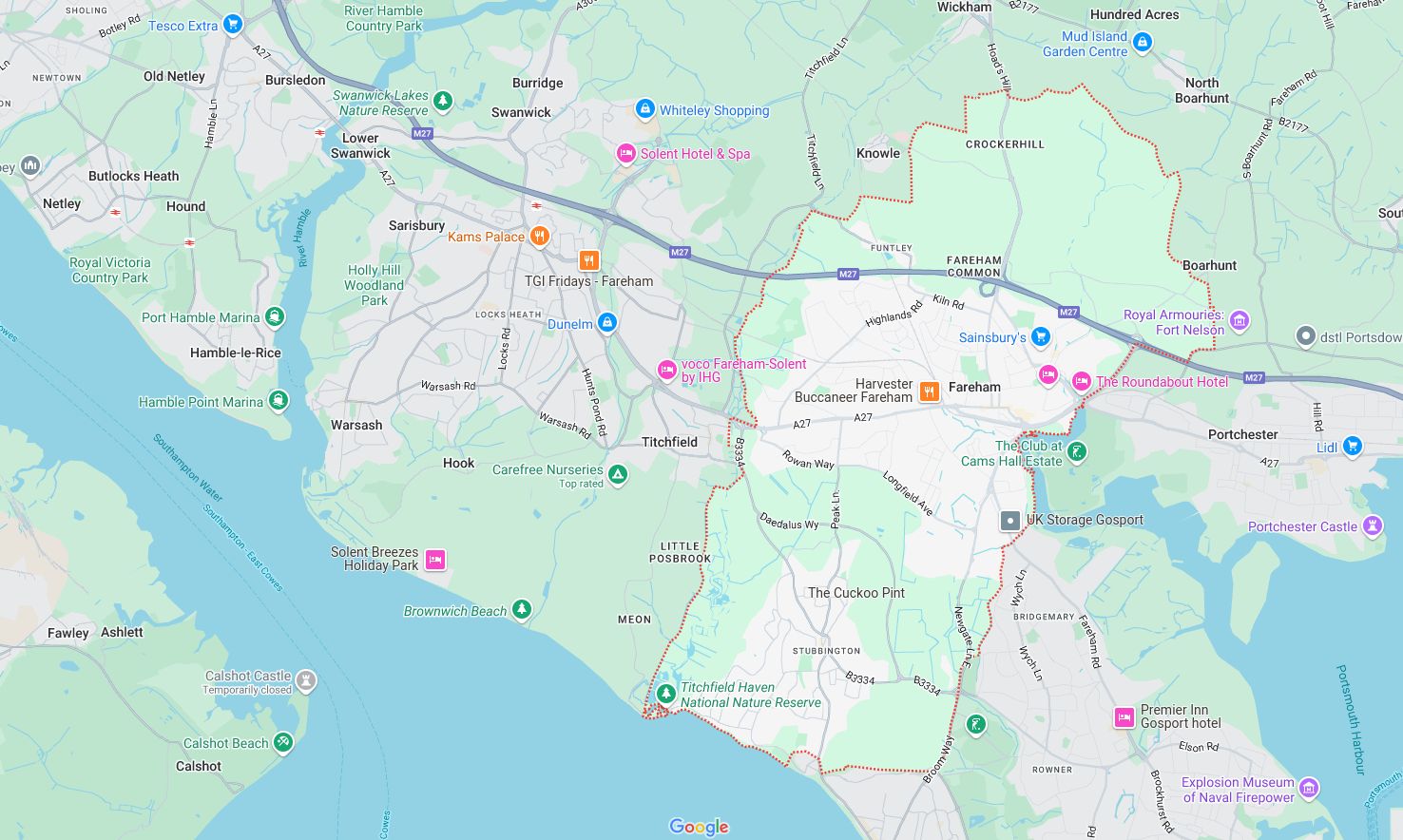 Map of and directions to Fareham. One of the areas served by Loft Ideas, VELUX Authorised Installer