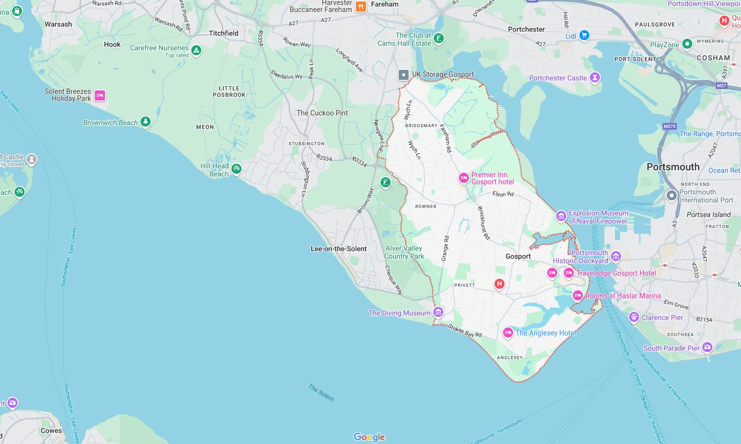 Map of and directions to Gosport. One of the areas served by Loft Ideas, VELUX Authorised Installer