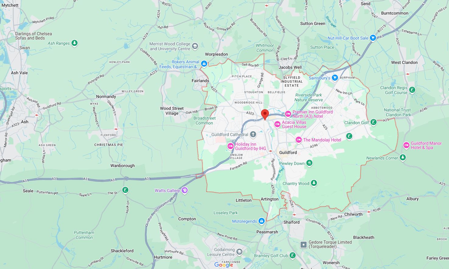 Map of and directions to Guildford. One of the areas served by Loft Ideas, VELUX Authorised Installer
