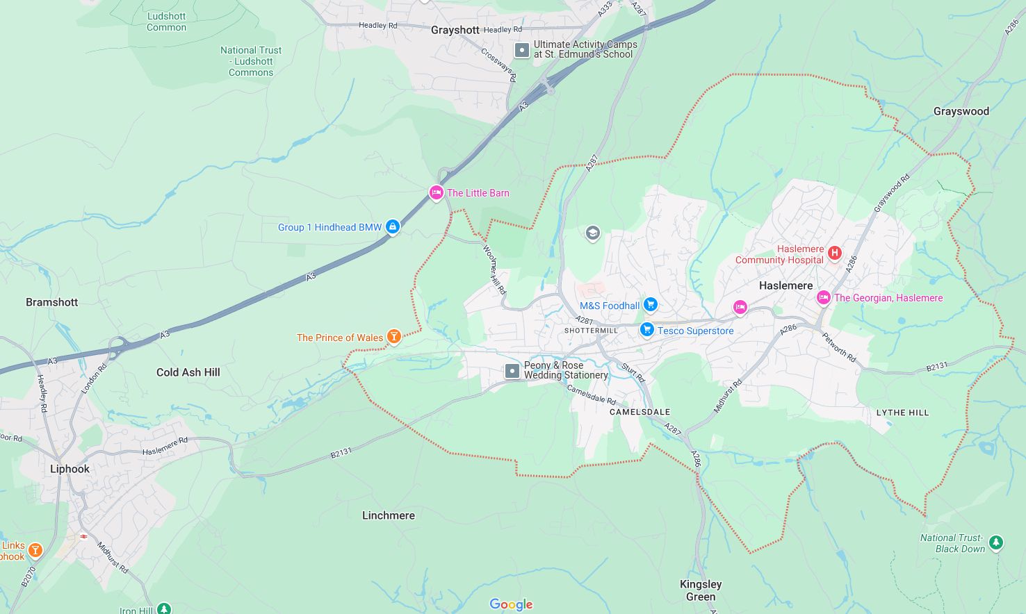 Map of and directions to Haslemere. One of the areas served by Loft Ideas, VELUX Authorised Installer