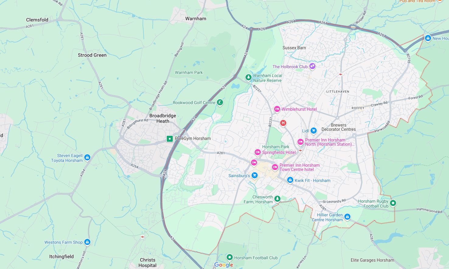 Map of and directions to Horsham. One of the areas served by Loft Ideas, VELUX Authorised Installer