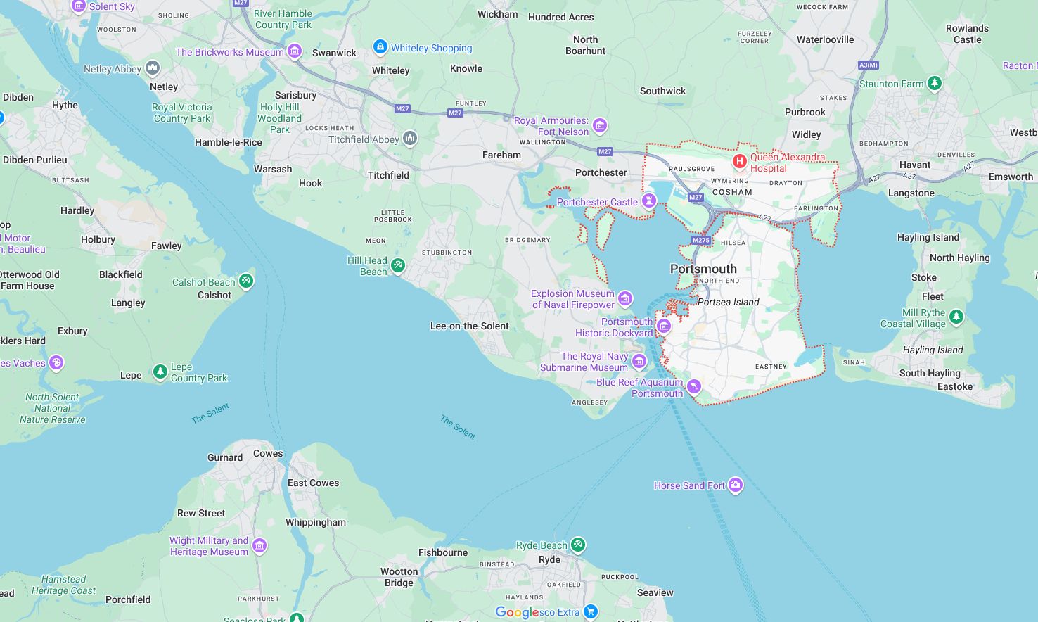 Map of and directions to Portsmouth. One of the areas served by Loft Ideas, VELUX Authorised Installer
