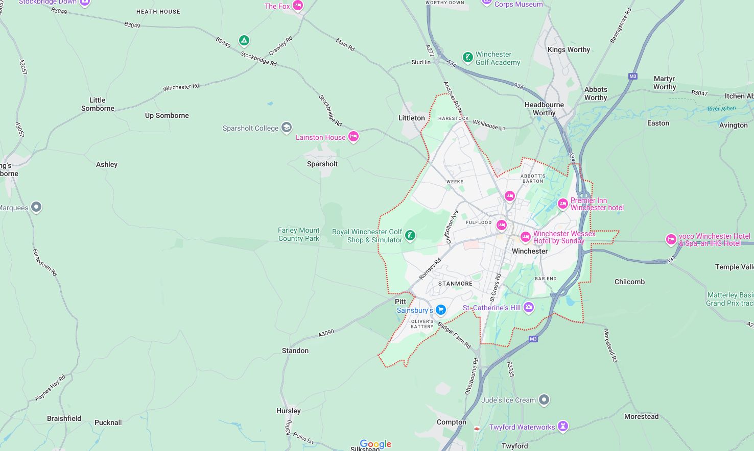 Map of and directions to Winchester. One of the areas served by Loft Ideas, VELUX Authorised Installer