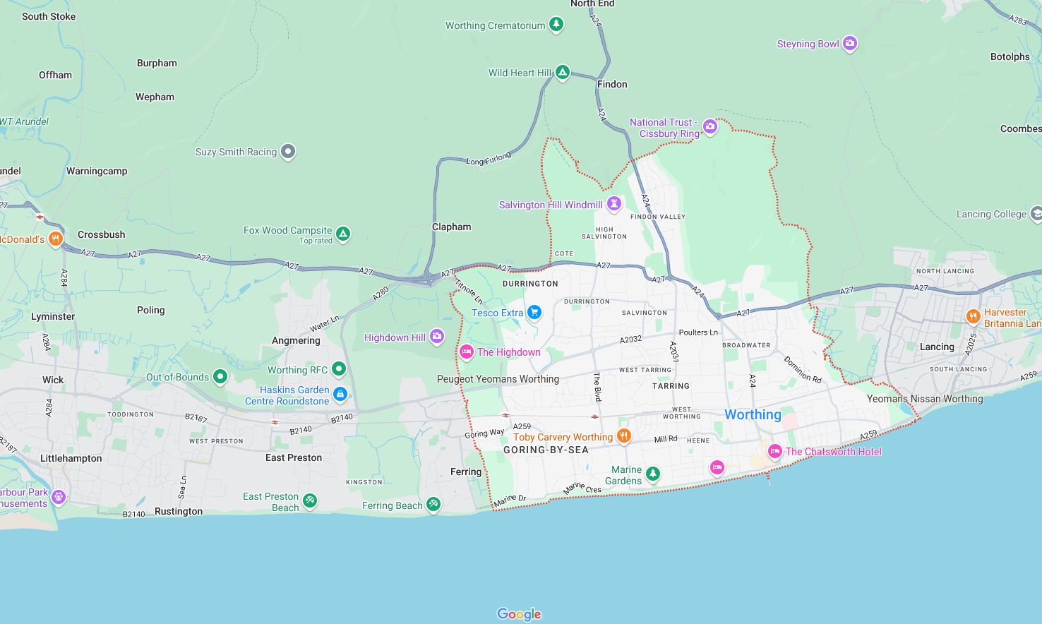 Map of and directions to Worthing. One of the areas served by Loft Ideas, VELUX Authorised Installer