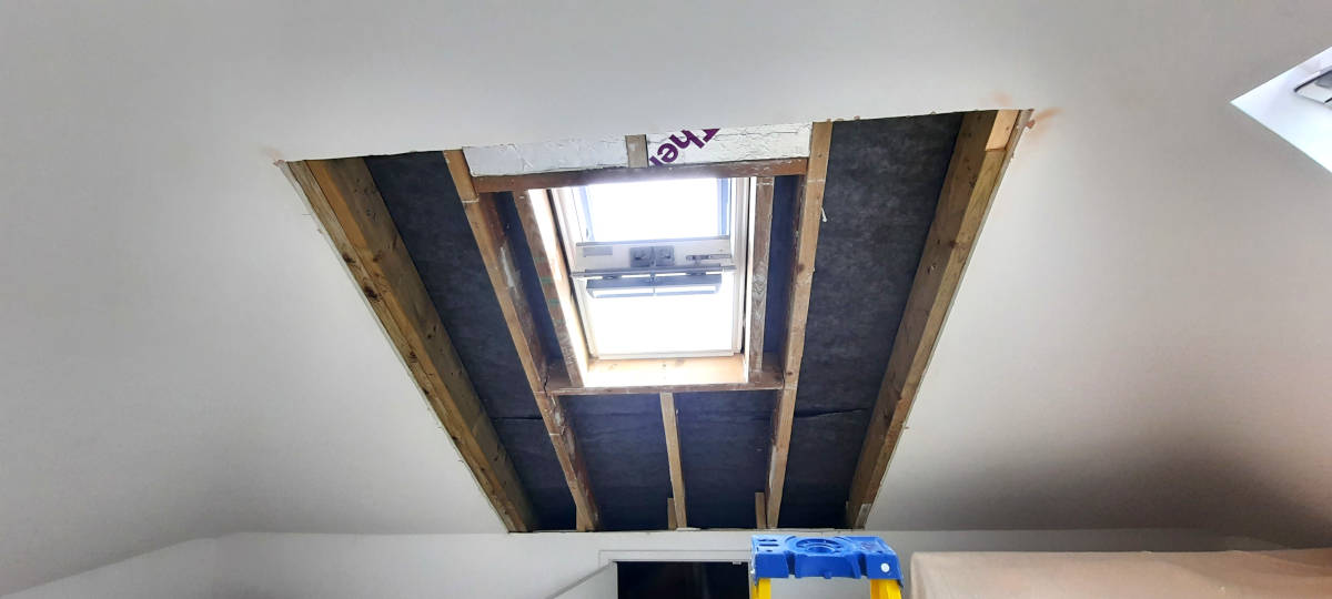 Click here to view to begin a neat incision in roof lining <h2>2021-09-24 - Sussex Bungalow Loft Transformation with 2 Velux Windows</h2> at at higher resolution. Image of to begin a neat incision in roof lining <h2>2021-09-24 - Sussex Bungalow Loft Transformation with 2 Velux Windows</h2>